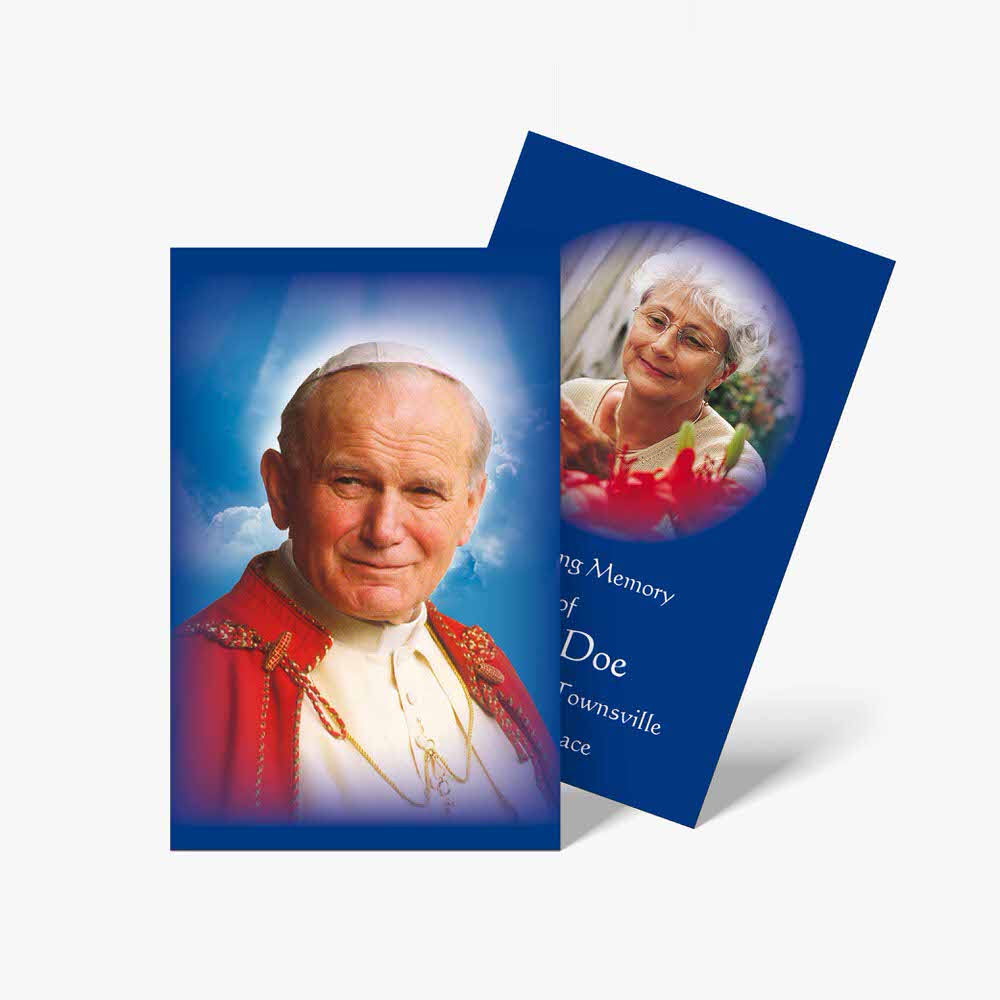 a blue and white card with a photo of pope francis