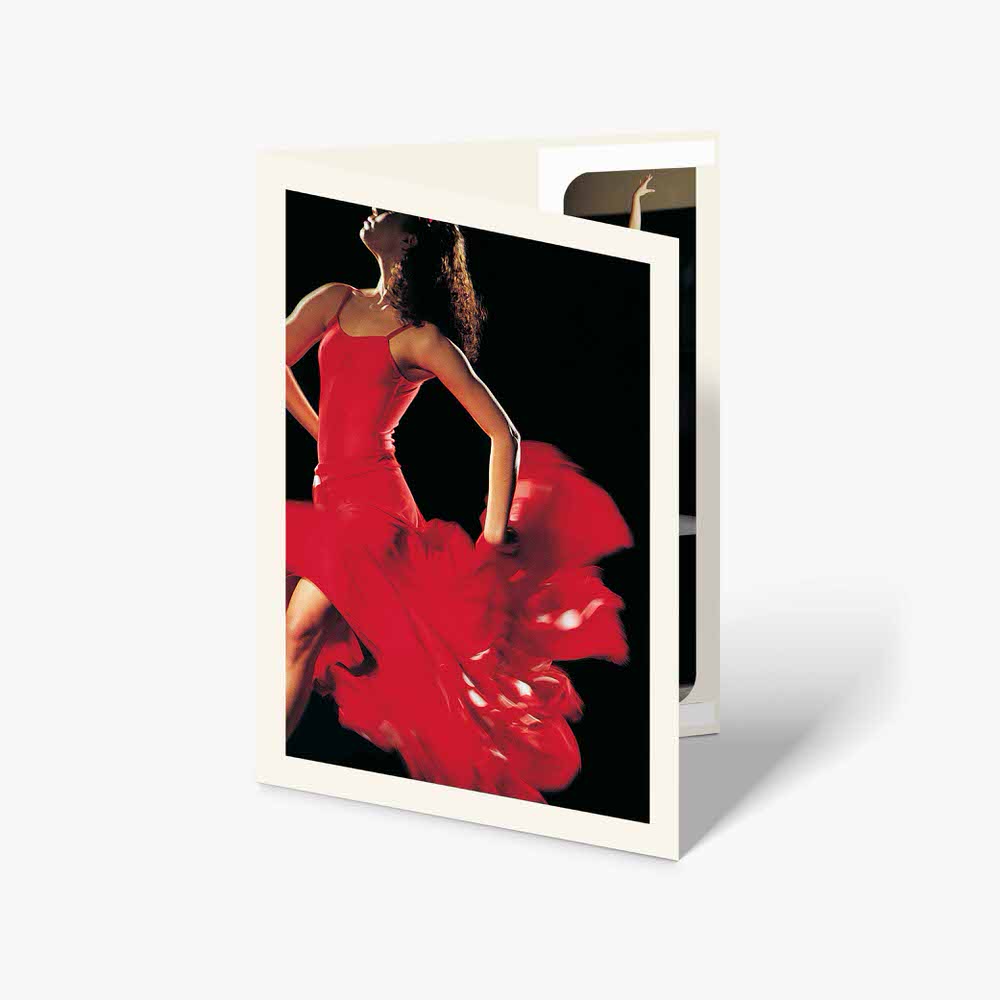 a card with a woman in a red dress