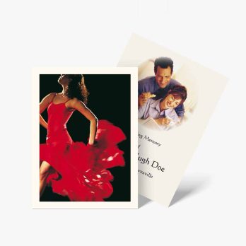 a photo of a woman in a red dress and a card with a photo of a man