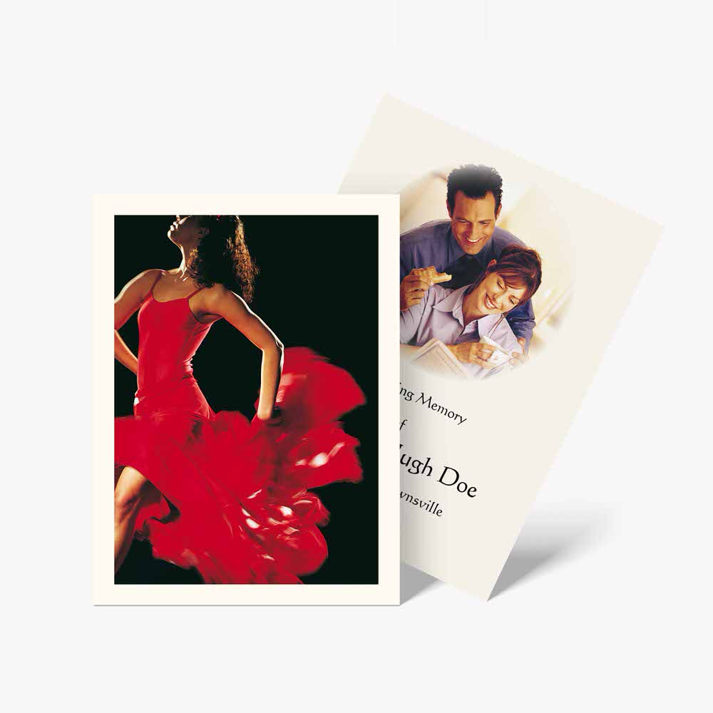 a photo of a woman in a red dress and a card with a photo of a man