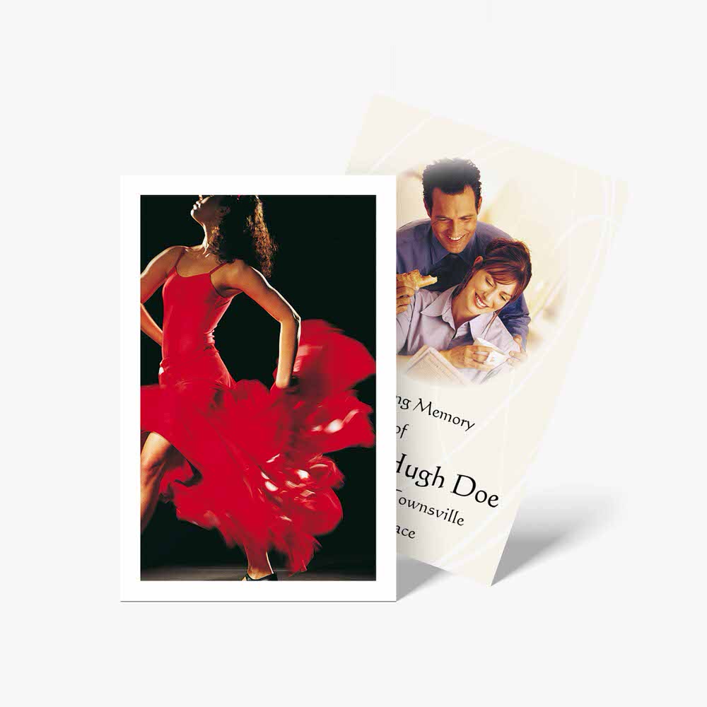 a photo of a woman in a red dress and a card with a photo of a man in