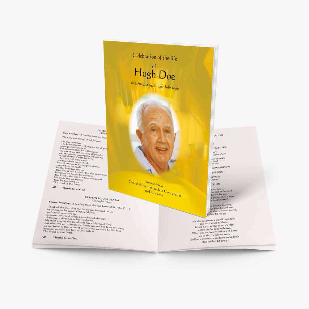 a yellow funeral book with a photo of a man in a white shirt