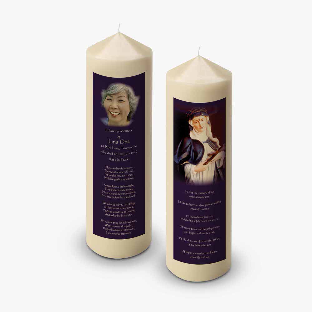 two candles with a picture of a woman on them