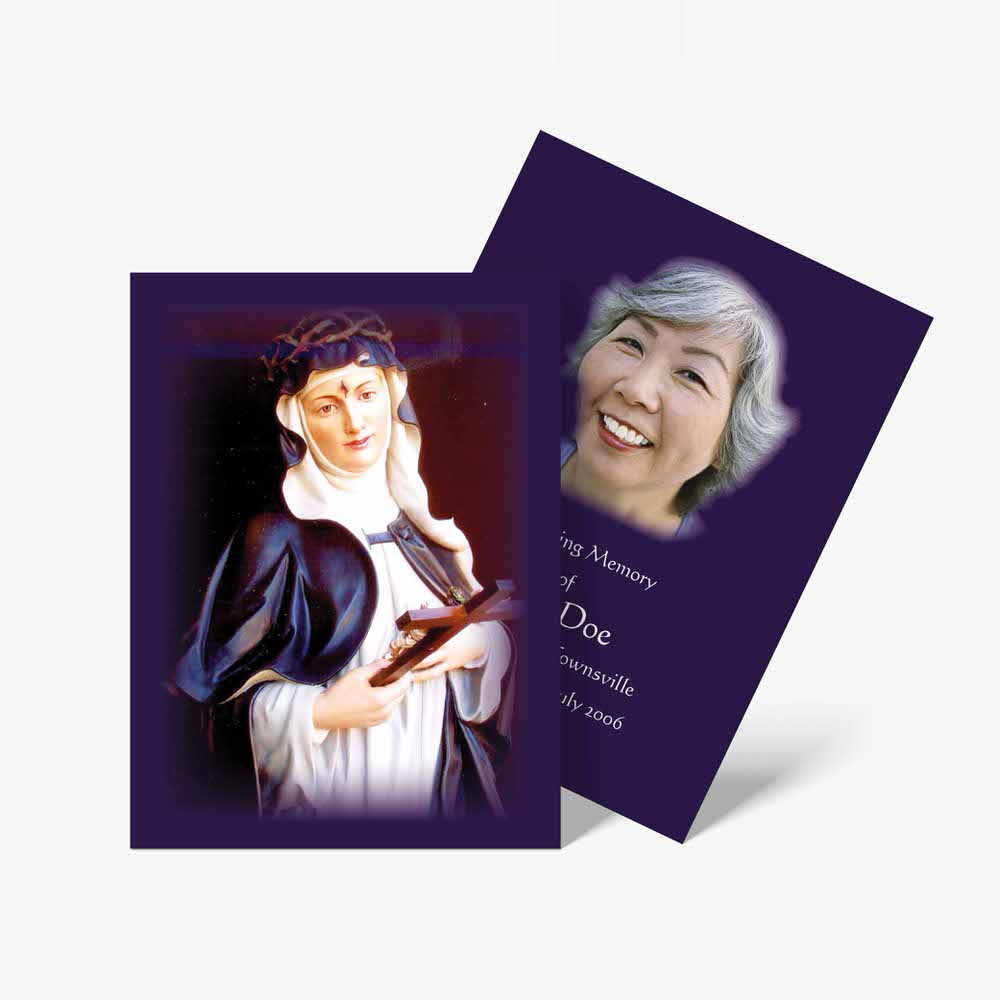 a purple card with a photo of a woman in a white dress