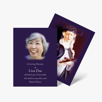 a purple card with a photo of a woman in a white dress