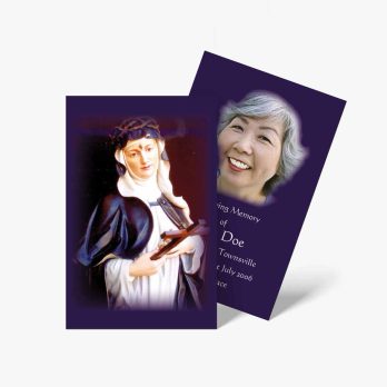 a purple card with a photo of a woman in a blue dress