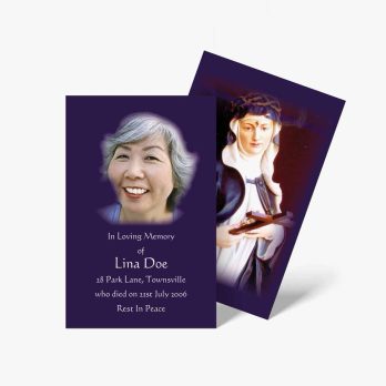 a purple card with a photo of a woman in a white dress