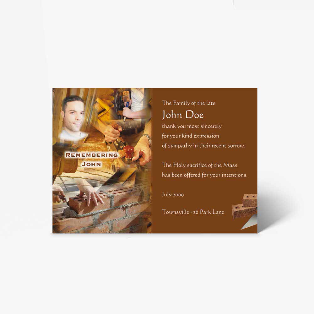 a brown card with a photo of a man playing the piano