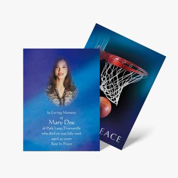 a blue and white funeral card with a basketball hoop