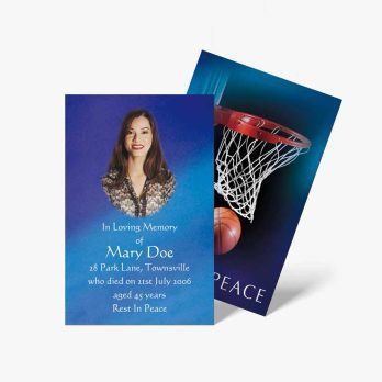 a memorial card with a basketball hoop and a photo of a woman