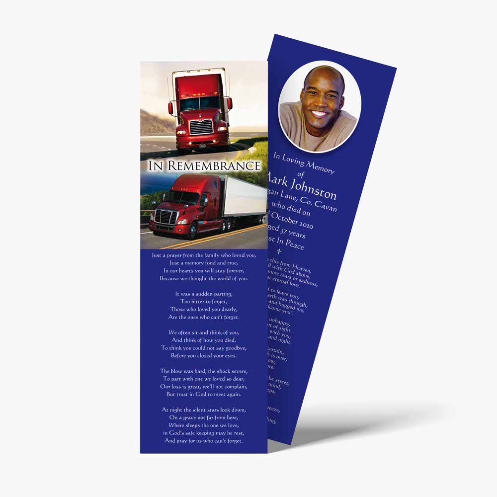 a bookmark with a photo of a truck and a poem