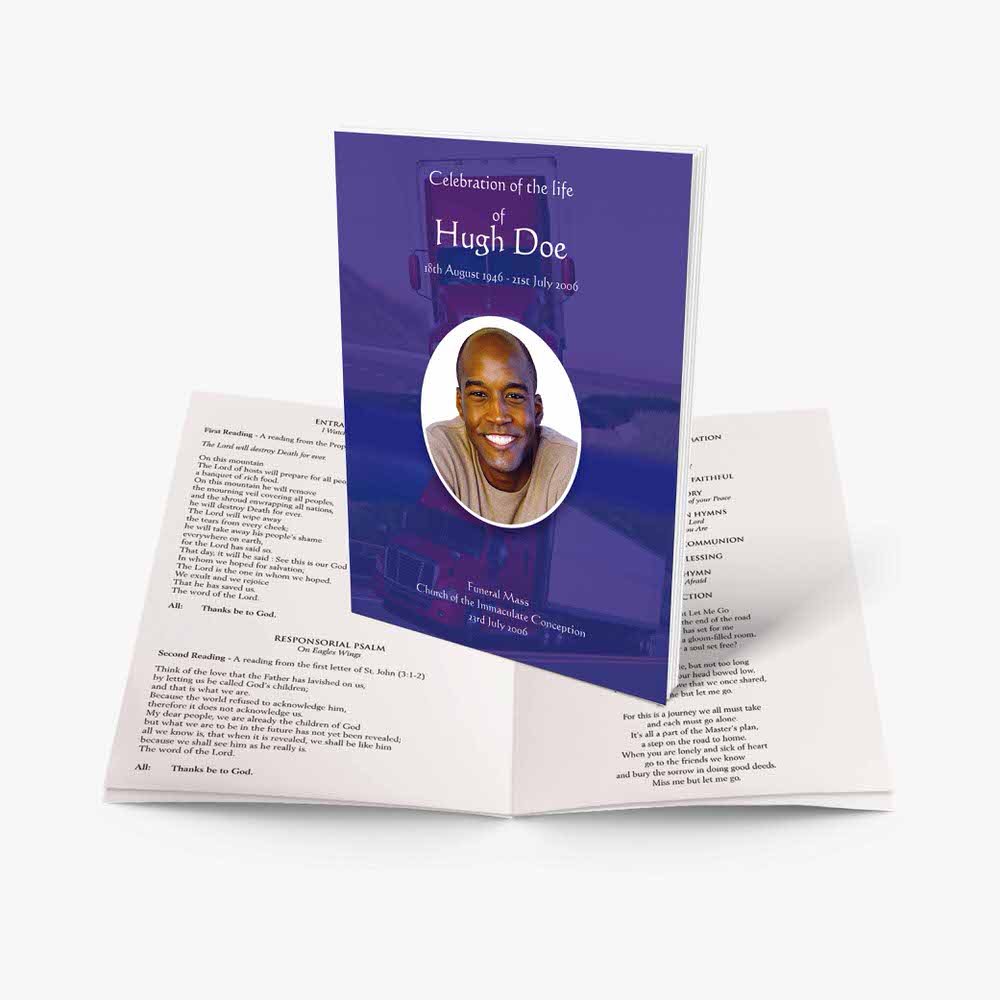 a purple funeral program with a photo of a man in a purple suit