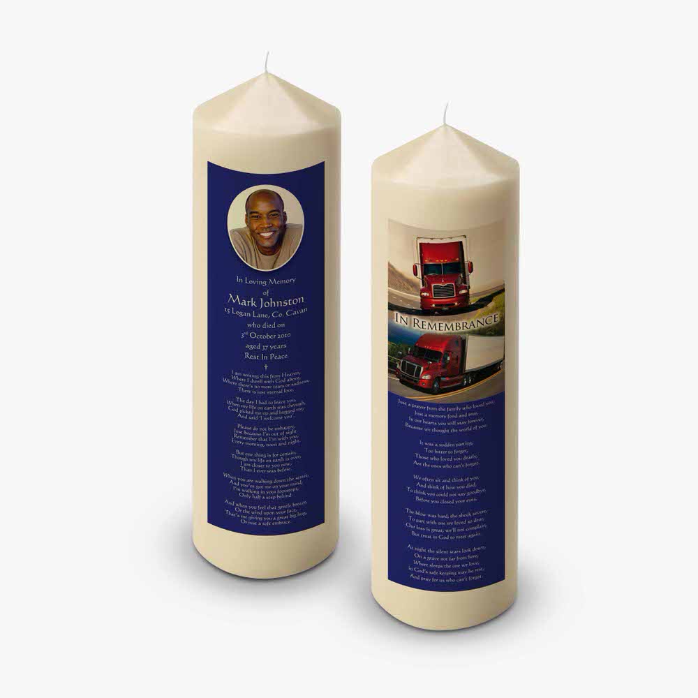 two candles with a picture of a truck