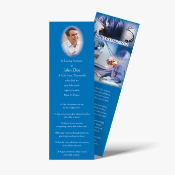 a blue bookmark with a photo of a man in a hospital