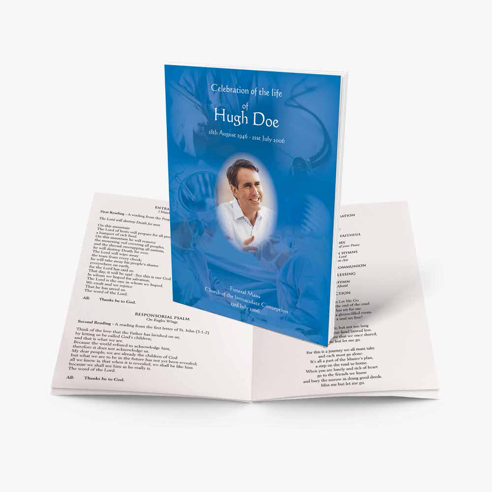 a blue funeral program booklet with a photo of a man in a blue suit