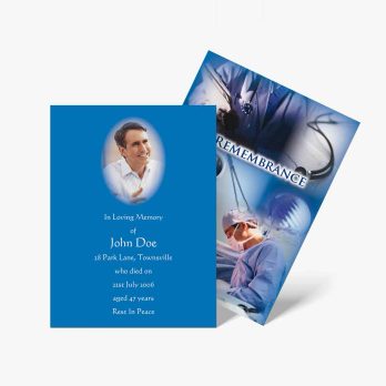 a blue funeral card with a photo of a doctor