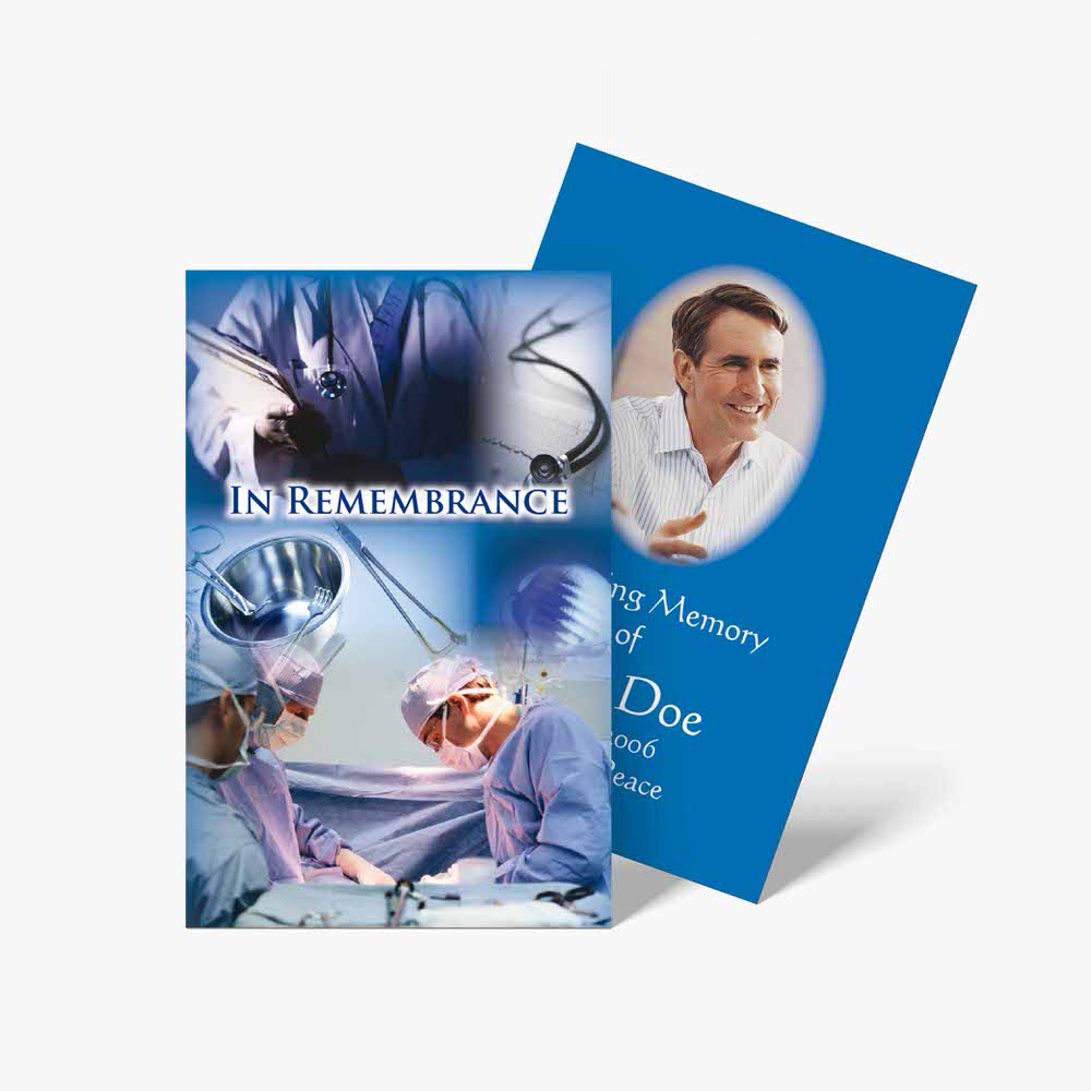 a blue book with a photo of a surgeon and a blue background