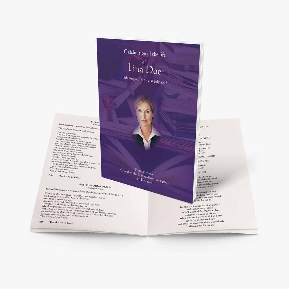 a purple funeral program with a photo of a woman in a purple dress