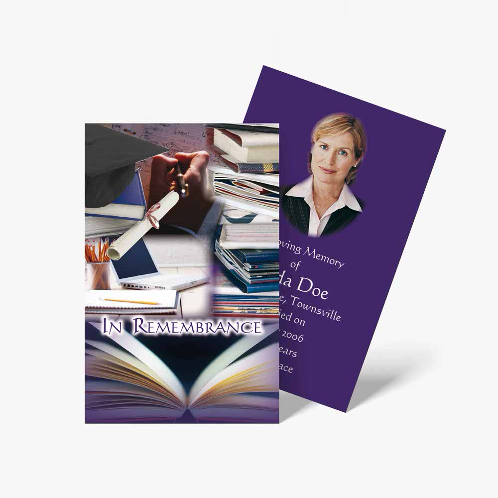 a business card with a photo of a woman in a purple dress and a book on a white