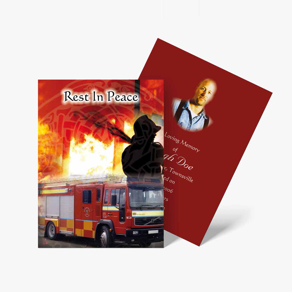 a funeral card with a fire truck and a photo of a firefighter