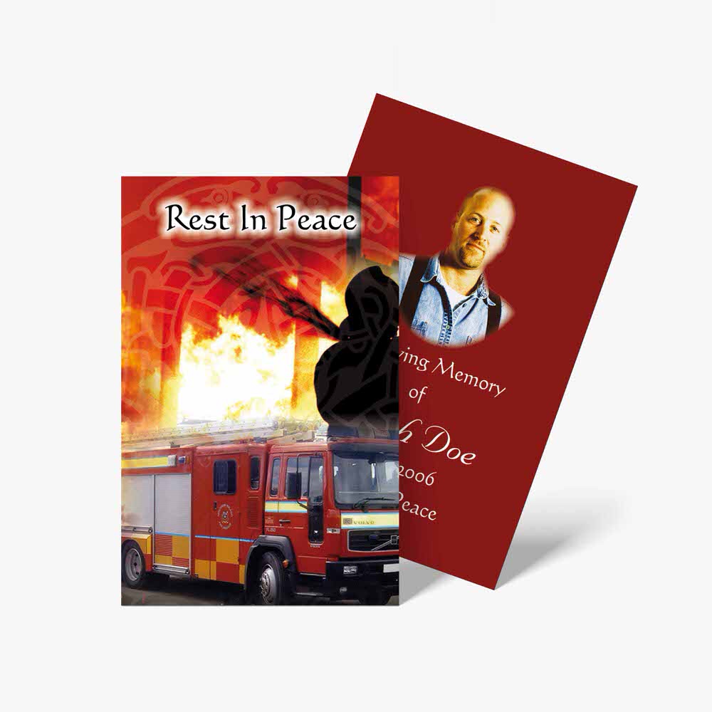 a memorial card with a fire truck on it