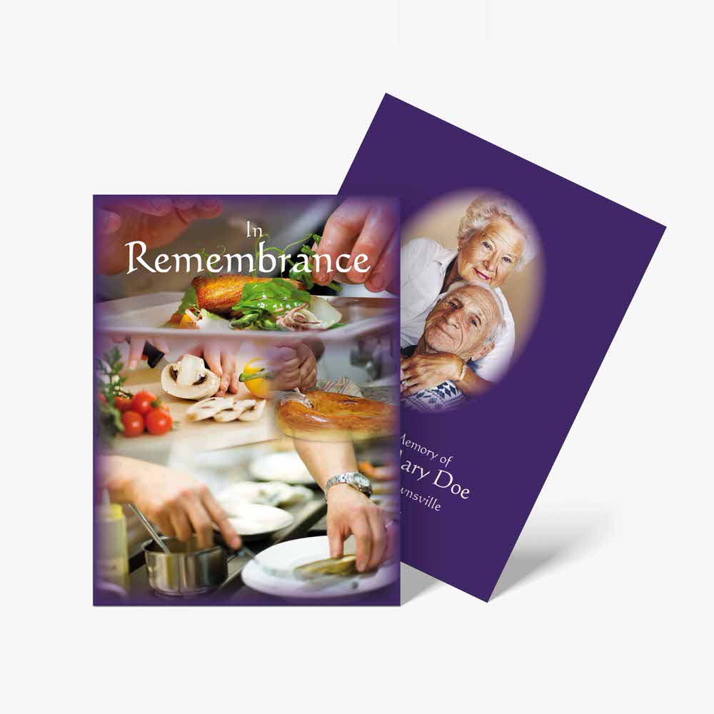 a purple book with a picture of a woman preparing food