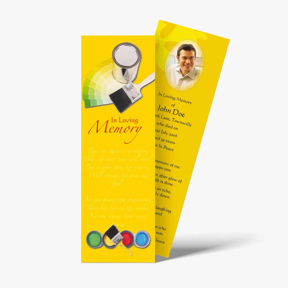 a yellow bookmark with a picture of a man and a paintbrush