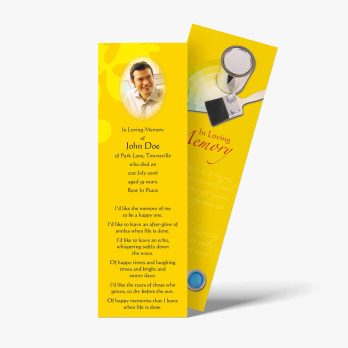 a yellow bookmark with a picture of a man