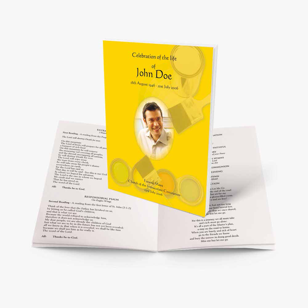 a yellow funeral program with a photo of a man in a suit