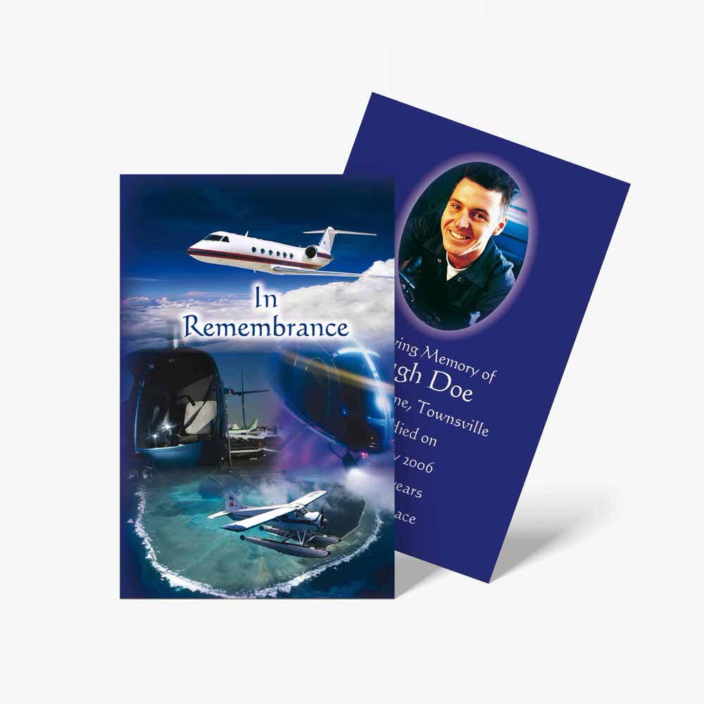 a memorial card with a photo of a plane and a photo of a man
