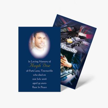 a funeral card with a photo of a man in a car