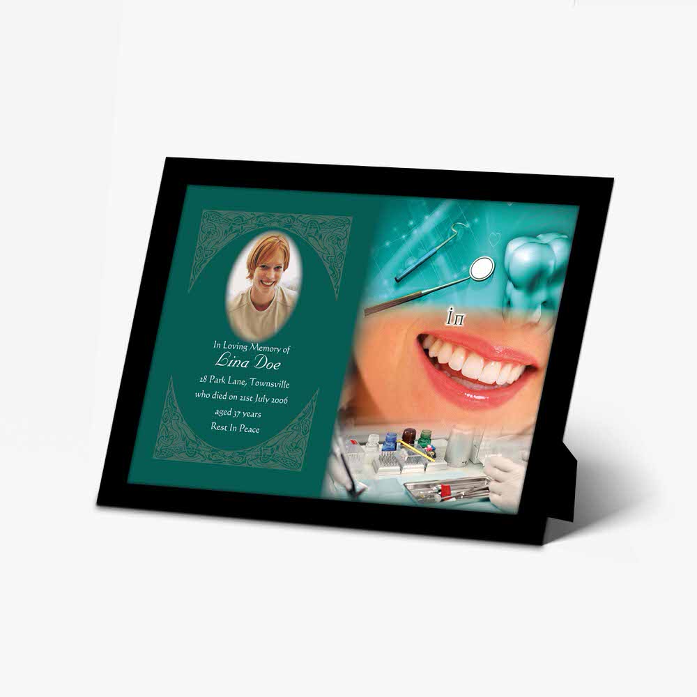 a photo frame with a picture of a dentist and dental tools