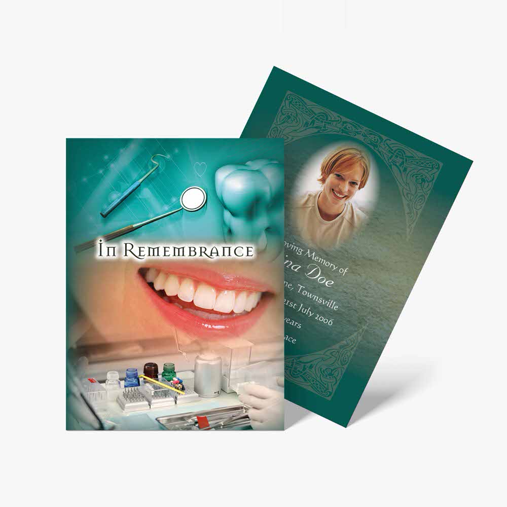 a dental card with a smiling woman and dental tools