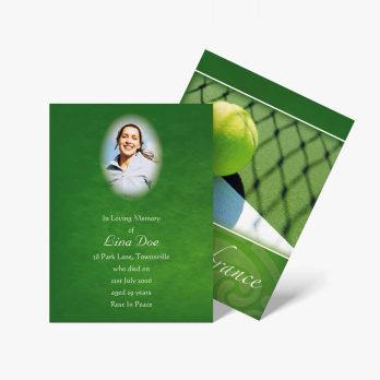 a green tennis card with a photo of a woman and a tennis ball