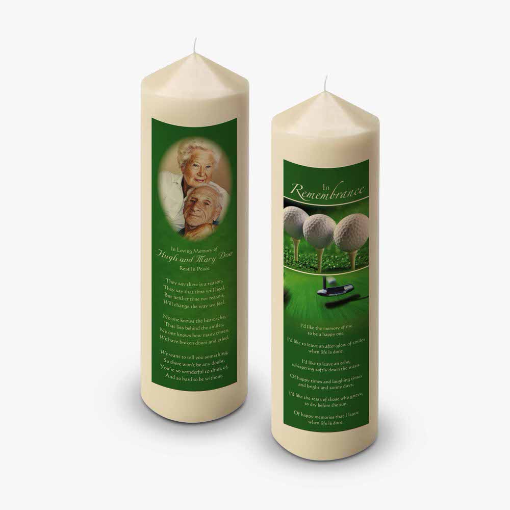 two candles with a picture of a golf course