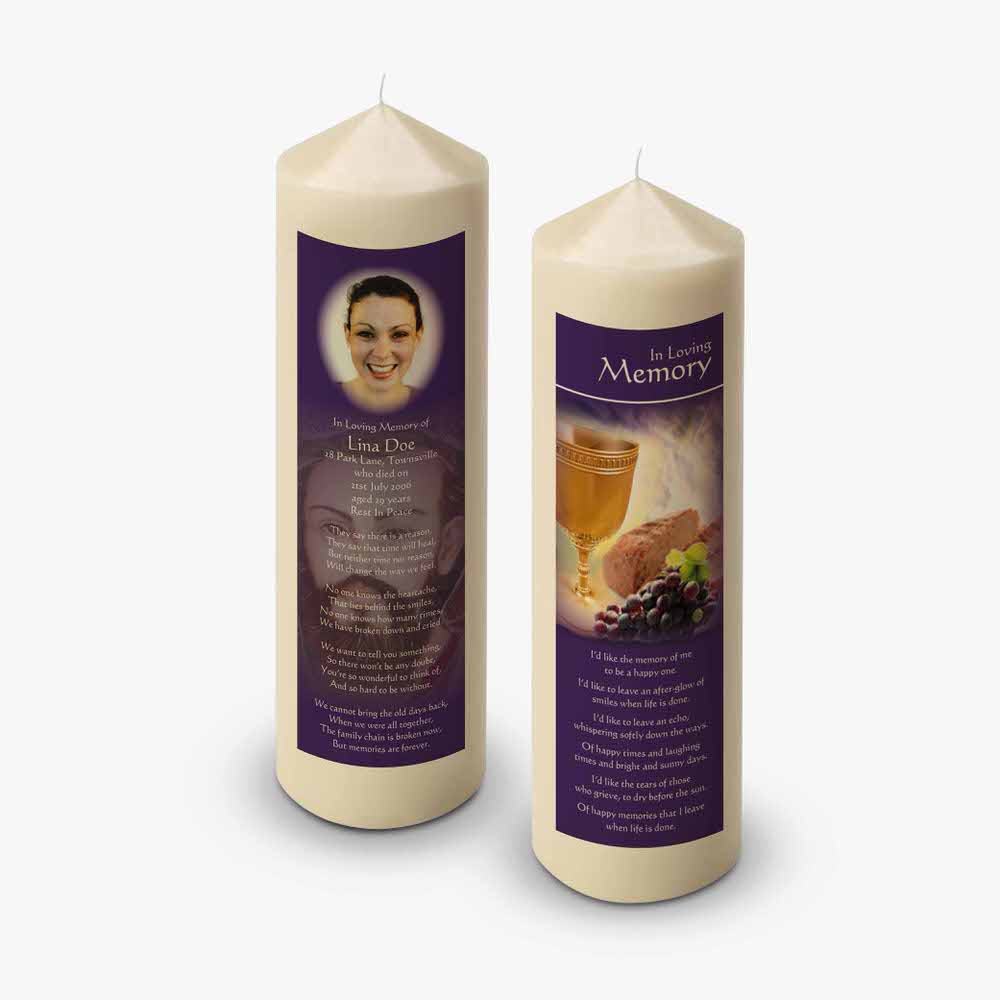 a candle with a picture of a man and a woman