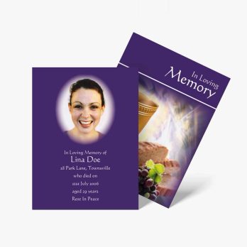 a purple and white memorial card with a photo of a woman