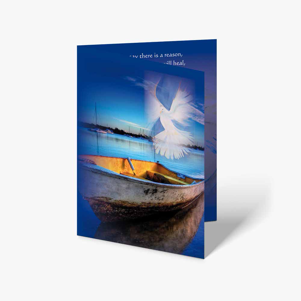 a christian greeting card with a dove in a boat