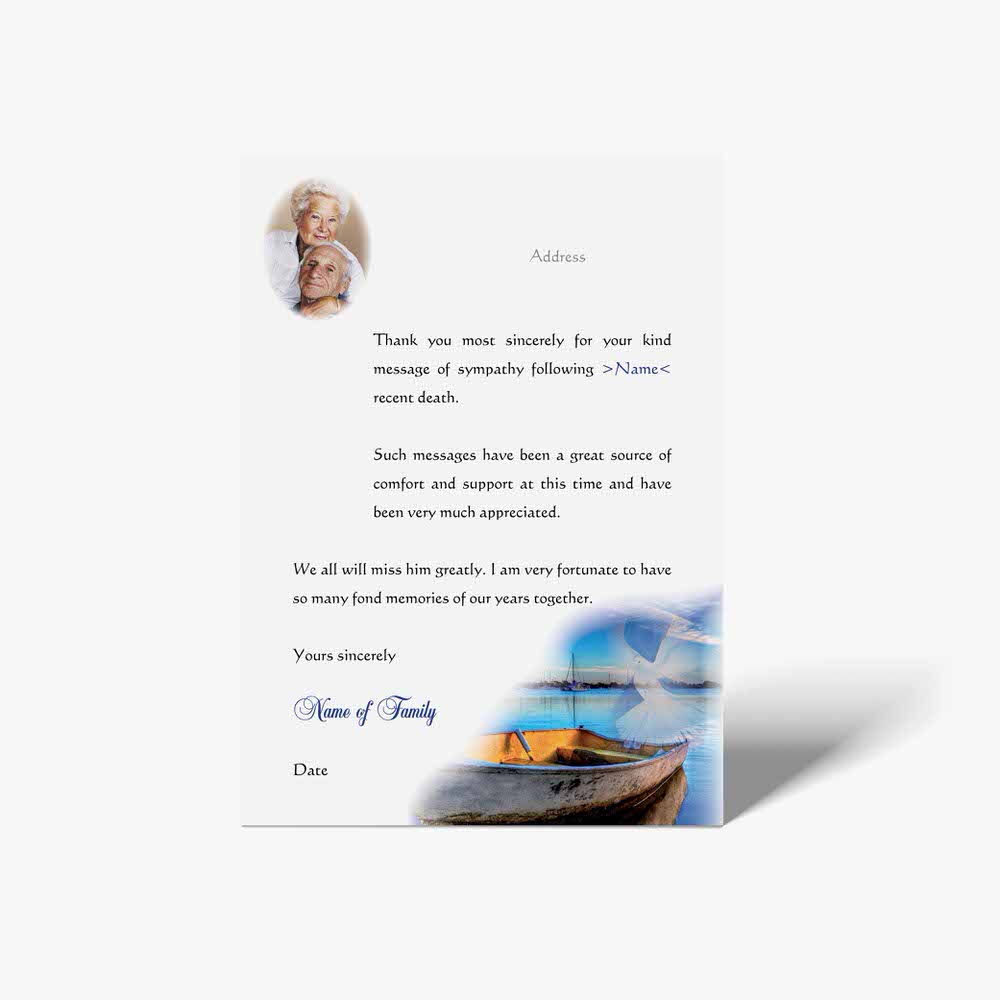 a thank card with a photo of a boat and a photo of a family