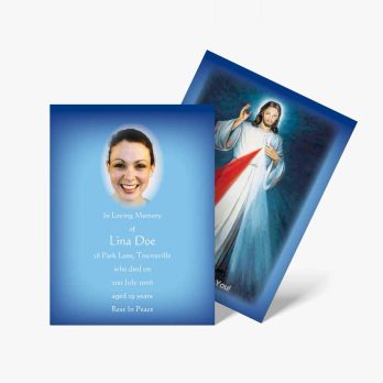 a blue and white card with a picture of jesus
