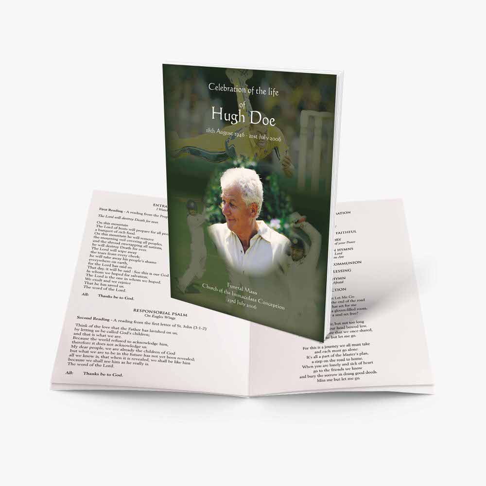a funeral program template with a photo of a man in a white shirt and a white tie