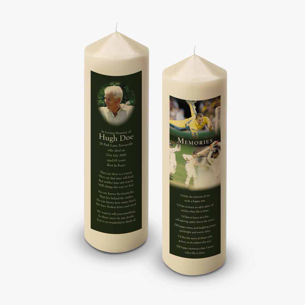 two candles with a picture of a man and a woman