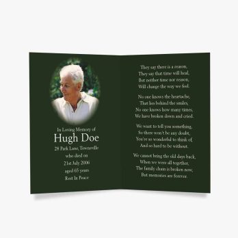 green funeral card with a photo of a man in a white shirt and a green background