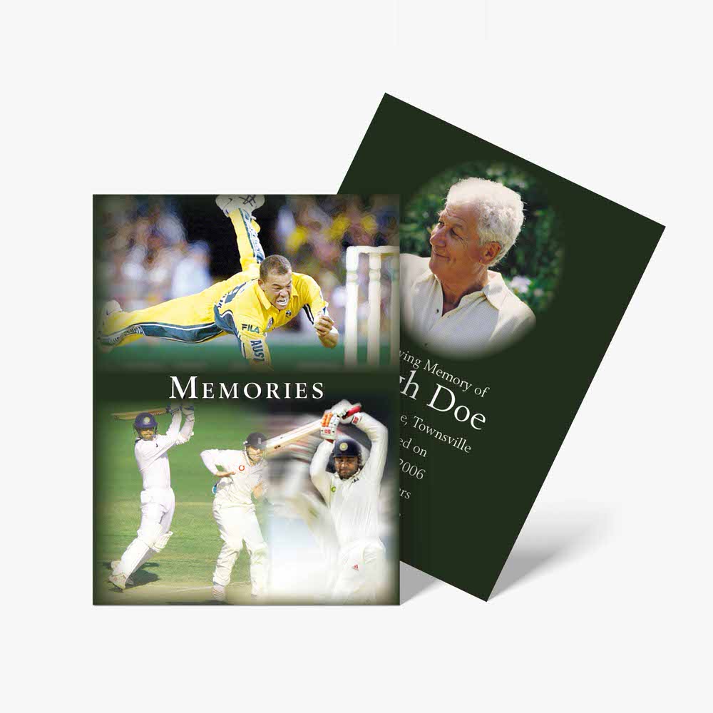 a card with a photo of a man playing cricket