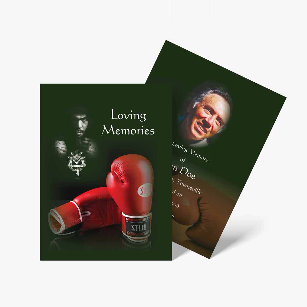 a memorial card with boxing gloves and a photo of a man