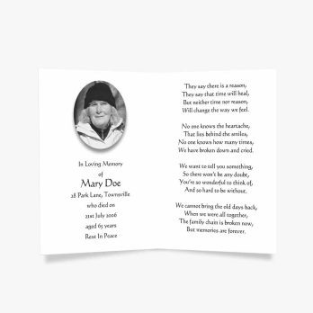 a memorial card with a photo of a woman in a hat