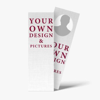 a white and red door hanger with the words, your own design and pictures