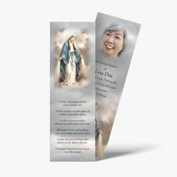 a bookmark with a picture of mary and the words of our lady of lourdes
