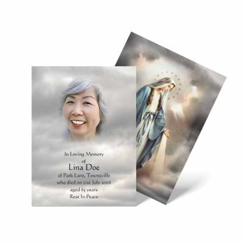 a funeral card with a photo of a woman in the clouds