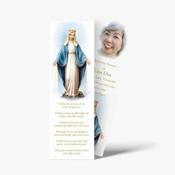 a bookmark with a picture of the virgin mary